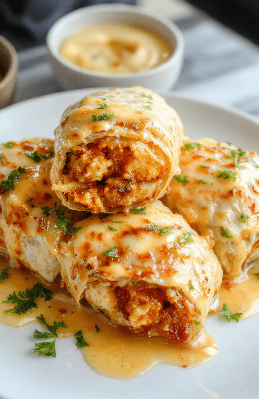 A close-up of cheesy garlic chicken wraps arranged on a white plate, showcasing golden-brown grilled chicken, melted cheese, fresh green lettuce, and crispy wraps, with a rustic wooden background and soft natural daylight highlighting textures.