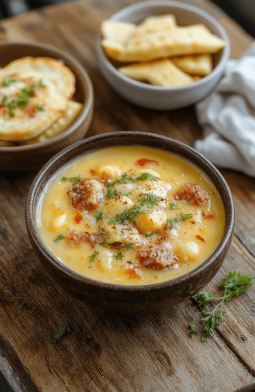 A vibrant bowl of cheesy macaroni cheeseburger soup featuring tender pasta, melted cheese, and crumbled cheeseburger beef, garnished with fresh herbs, served in a rustic bowl with a spoon on a wooden table, appealing textures and warm colors.