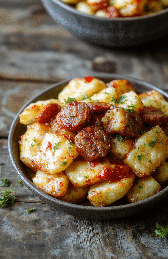 Colorful sheet pan with golden roasted potatoes, slices of smoked sausage, melted cheese, sprinkled green herbs, arranged attractively on a rustic wooden surface.
