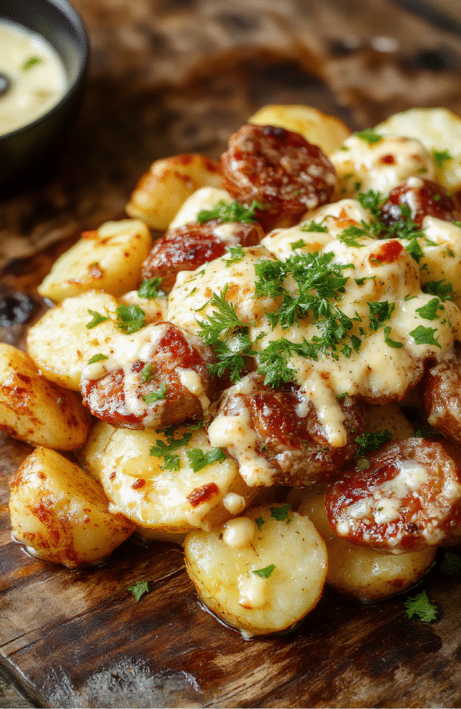 Colorful sheet pan with golden roasted potatoes, slices of smoked sausage, melted cheese, sprinkled green herbs, arranged attractively on a rustic wooden surface.