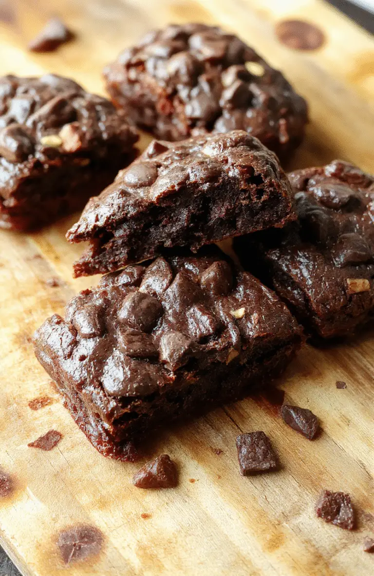 A plate of chewy fudgy brookies with a cracked top, showcasing a rich chocolate swirl, arranged on a rustic wooden board with a scoop missing, revealing the gooey interior, styled with a dusting of powdered sugar and a drizzle of chocolate.