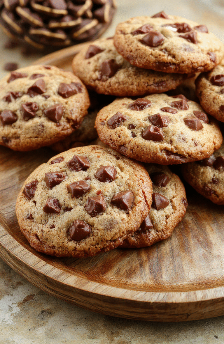 A close-up of golden-brown chewy chocolate chip cookies with slightly crispy edges, dotted with melty chocolate chips, arranged on a rustic wooden plate, with a soft focus and natural light emphasizing the cookies' texture and inviting appeal.