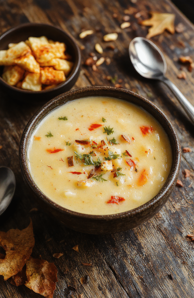 A bowl of hearty wild rice soup garnished with fresh herbs, surrounded by autumn leaves, wooden table under natural light, creamy texture visible, inviting and warm colors