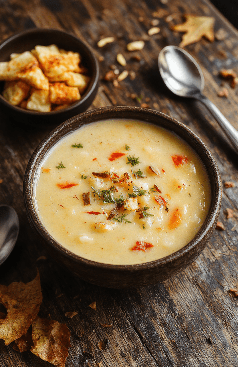 A bowl of hearty wild rice soup garnished with fresh herbs, surrounded by autumn leaves, wooden table under natural light, creamy texture visible, inviting and warm colors