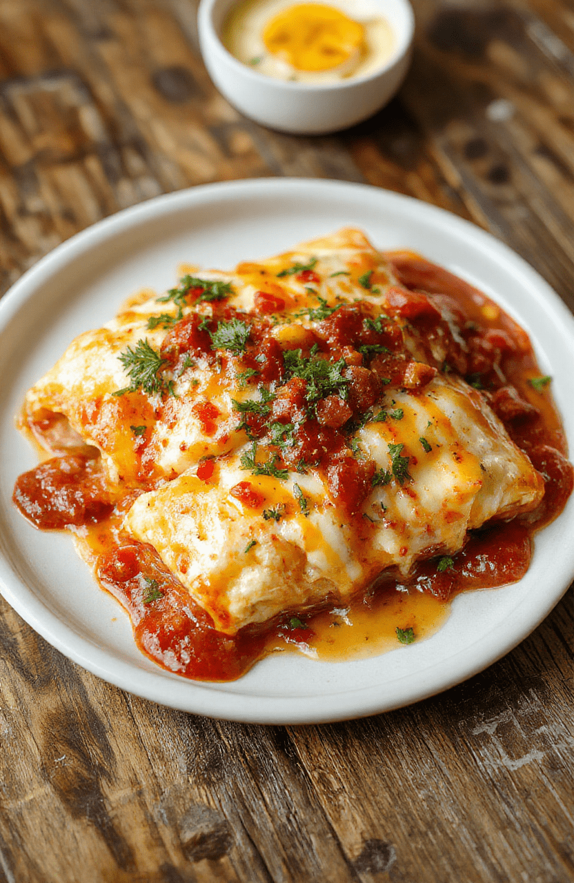 A colorful plate of breakfast enchiladas featuring warm tortillas filled with scrambled eggs, melted cheese, and topped with fresh cilantro. The dish is plated on a rustic wooden table with a drizzle of red sauce, garnished with lime wedges, and accompanied by a side of salsa and sliced avocado, showcasing vibrant colors and inviting textures.