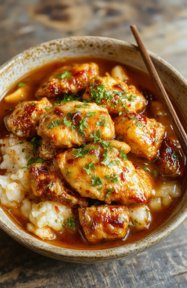 A vibrant plate of caramelised soy chicken garnished with fresh herbs, served in a clear garlic ginger broth with fluffy white rice on a rustic wooden table, surrounded by fresh garlic, ginger, and soy sauce bottles, styled casually with a soft natural light highlighting the glossy chicken and aromatic broth