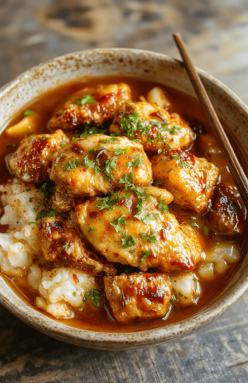 A vibrant plate of caramelised soy chicken garnished with fresh herbs, served in a clear garlic ginger broth with fluffy white rice on a rustic wooden table, surrounded by fresh garlic, ginger, and soy sauce bottles, styled casually with a soft natural light highlighting the glossy chicken and aromatic broth