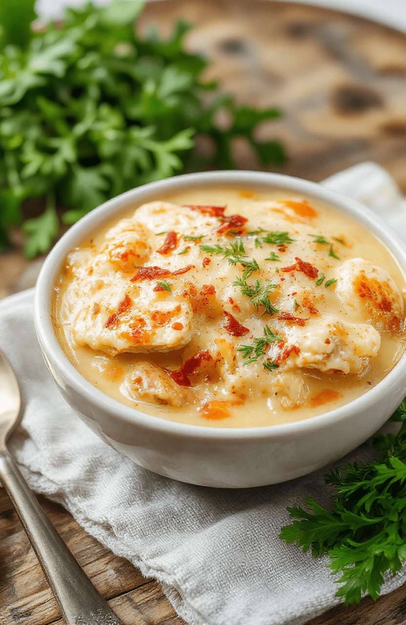 A warm bowl of chicken pot pie soup with a golden flaky crust topping, garnished with fresh herbs, surrounded by rustic kitchen elements and vibrant vegetables, styled in a cozy setting with natural daylight.