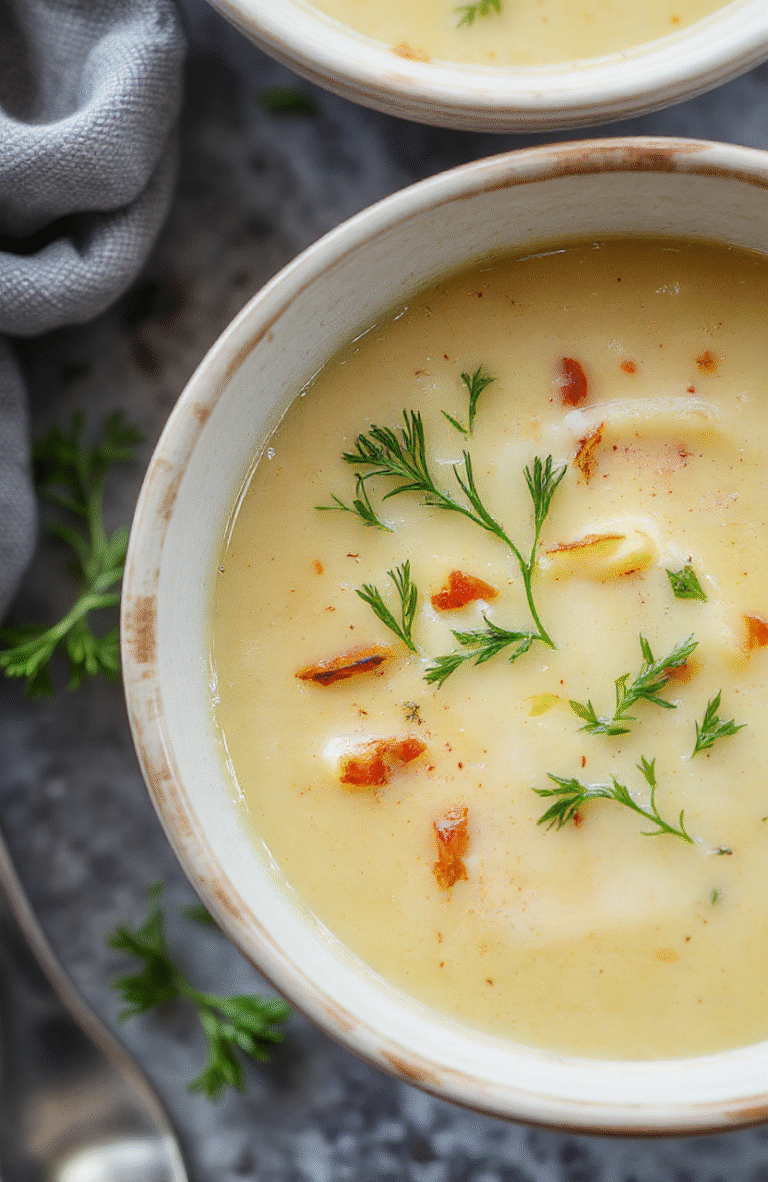 A bowl of cozy creamy French garlic soup Velouté, garnished with fresh herbs and a drizzle of cream, served in a rustic white bowl on a wooden table, with toasted bread on the side. The soup has a smooth texture and a golden color, with flecks of garlic and herbs visible. Soft natural light highlights the comforting appeal and rustic presentation.