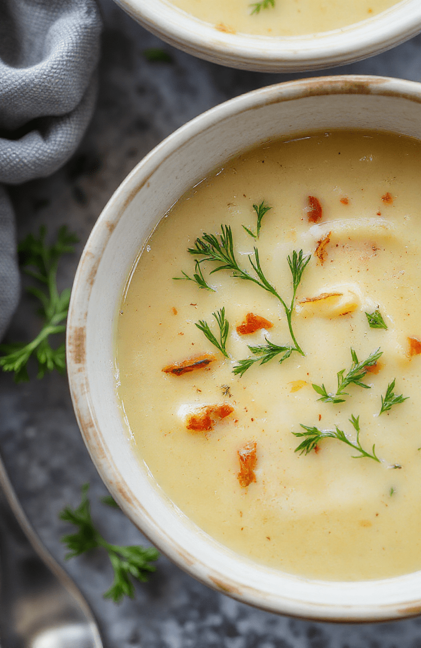 A bowl of cozy creamy French garlic soup Velouté, garnished with fresh herbs and a drizzle of cream, served in a rustic white bowl on a wooden table, with toasted bread on the side. The soup has a smooth texture and a golden color, with flecks of garlic and herbs visible. Soft natural light highlights the comforting appeal and rustic presentation.