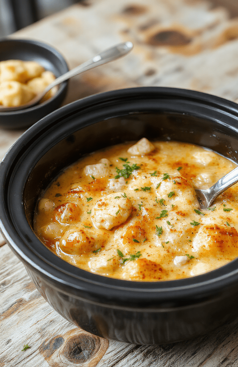 A warm, golden-brown chicken pot pie with flaky crust in a rustic bowl, filled with creamy chicken and vegetable filling, surrounded by fresh herbs and steam, styled on a wooden table with natural daylight.