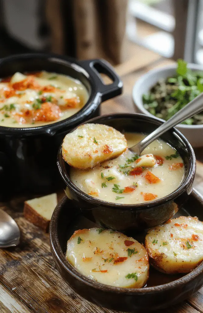 A warm bowl of creamy potato soup garnished with chopped chives and shredded cheese, placed on a rustic wooden table with a spoon and a slice of bread in the background, emphasizing textures of smooth soup and crispy bread, styled in a cozy and inviting manner, perfect for fall evenings.