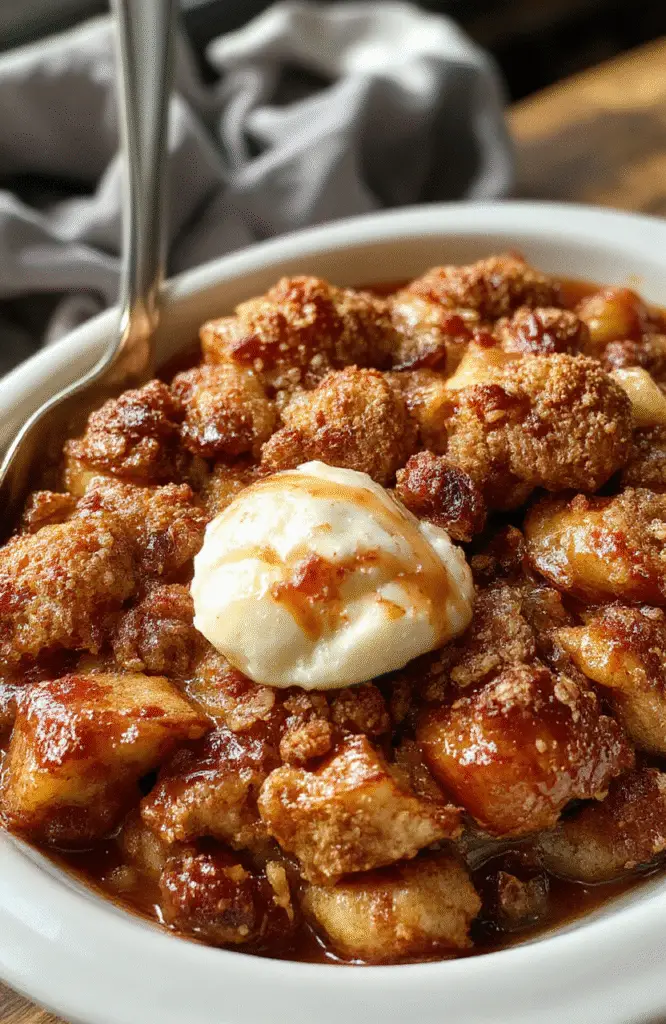 A warm, golden apple crisp in a rustic white dish topped with a crunchy oat and cinnamon streusel, garnished with a sprig of mint, arranged on a wooden table with autumn leaves in the background, styled with natural light highlighting the textures.
