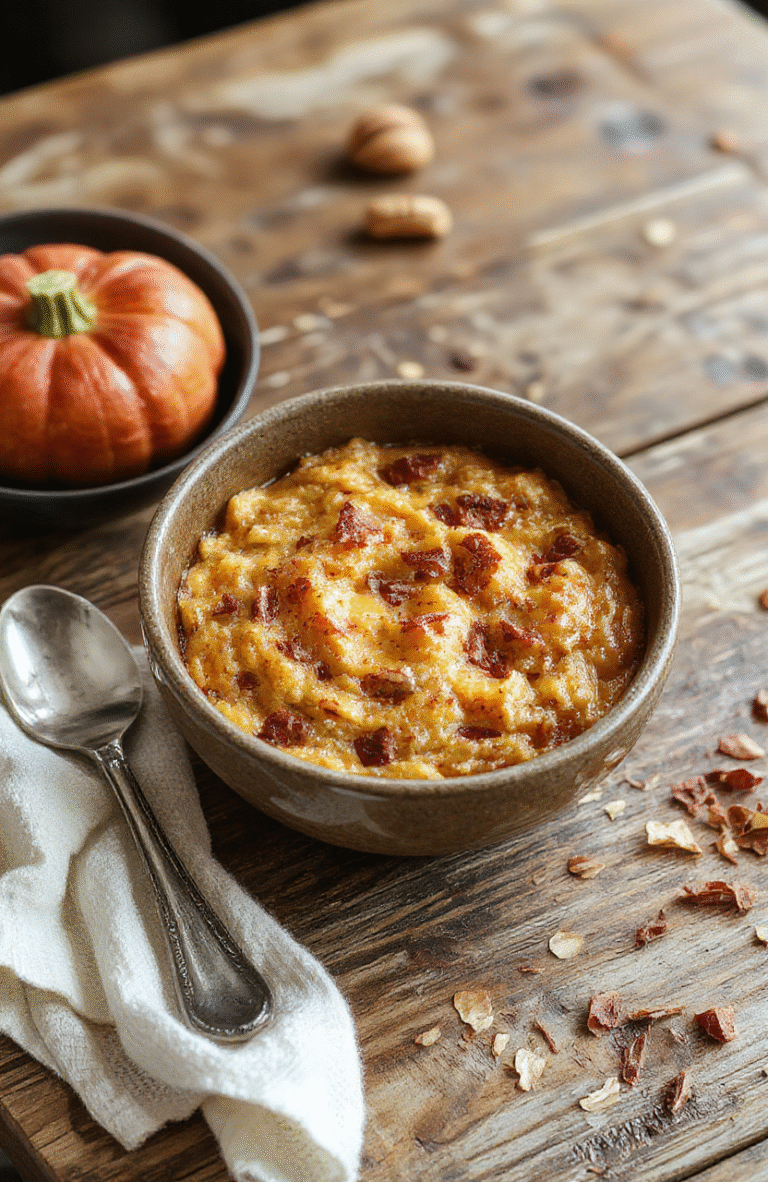 A warm bowl of pumpkin baked oatmeal topped with whipped cream and cinnamon, surrounded by fall leaves and a mug of coffee on a rustic wooden table, vibrant orange hues, textured oats, and autumn decorations.
