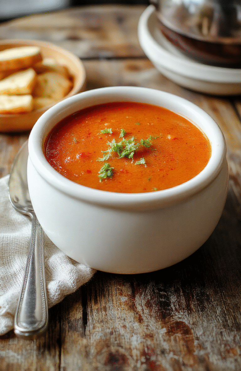 A vibrant bowl of homemade tomato soup topped with fresh basil leaves, served in a rustic ceramic bowl on a wooden table, with a side of crusty bread, showcasing a warm, inviting presentation.