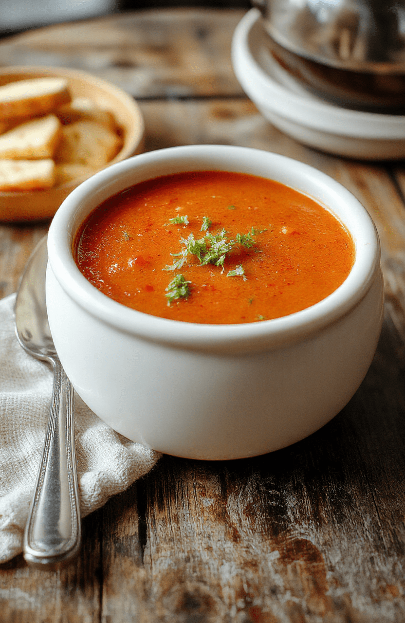 A vibrant bowl of homemade tomato soup topped with fresh basil leaves, served in a rustic ceramic bowl on a wooden table, with a side of crusty bread, showcasing a warm, inviting presentation.