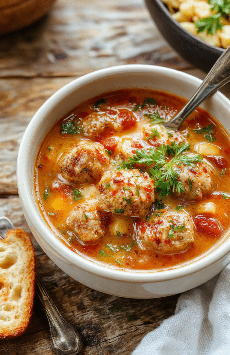 A vibrant bowl of Italian meatball soup featuring tender meatballs, fresh herbs, tomato broth, and chopped vegetables, garnished with basil and Parmesan cheese, served on a rustic wooden table with warm lighting.