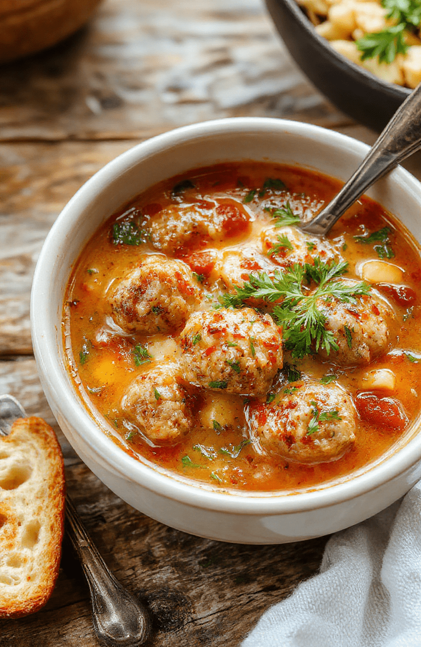 A vibrant bowl of Italian meatball soup featuring tender meatballs, fresh herbs, tomato broth, and chopped vegetables, garnished with basil and Parmesan cheese, served on a rustic wooden table with warm lighting.