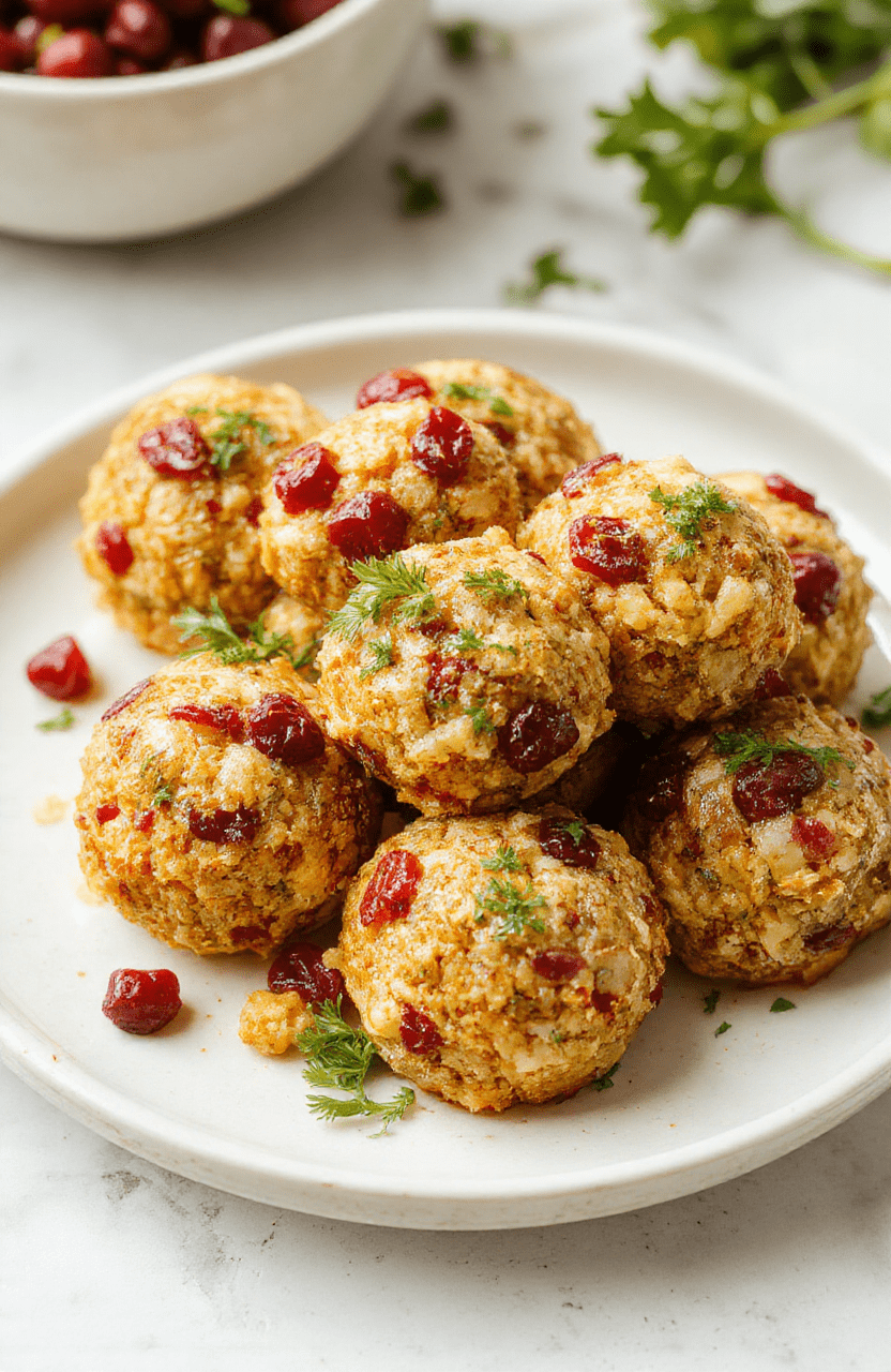 Colorful cranberry turkey stuffing balls arranged on a rustic white plate, garnished with fresh herbs and served with a side of cranberry sauce, showcasing a crispy exterior and moist interior, styled for a cozy holiday setting with festive decorations in the background.