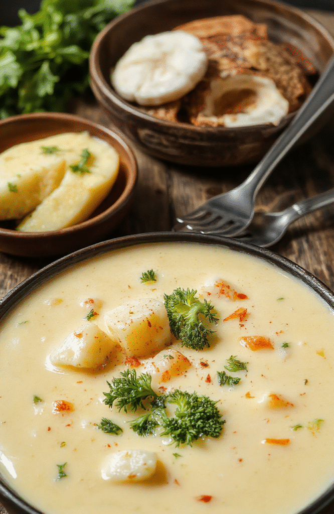 A cozy bowl of creamy broccoli cheddar potato soup garnished with shredded cheese and fresh herbs, served on a rustic wooden table with a spoon and a piece of crusty bread, the vibrant green broccoli contrasts with the rich yellow cheese and creamy white base, textured with chunks of potato and broccoli florets, styled for an inviting comfort food scene.