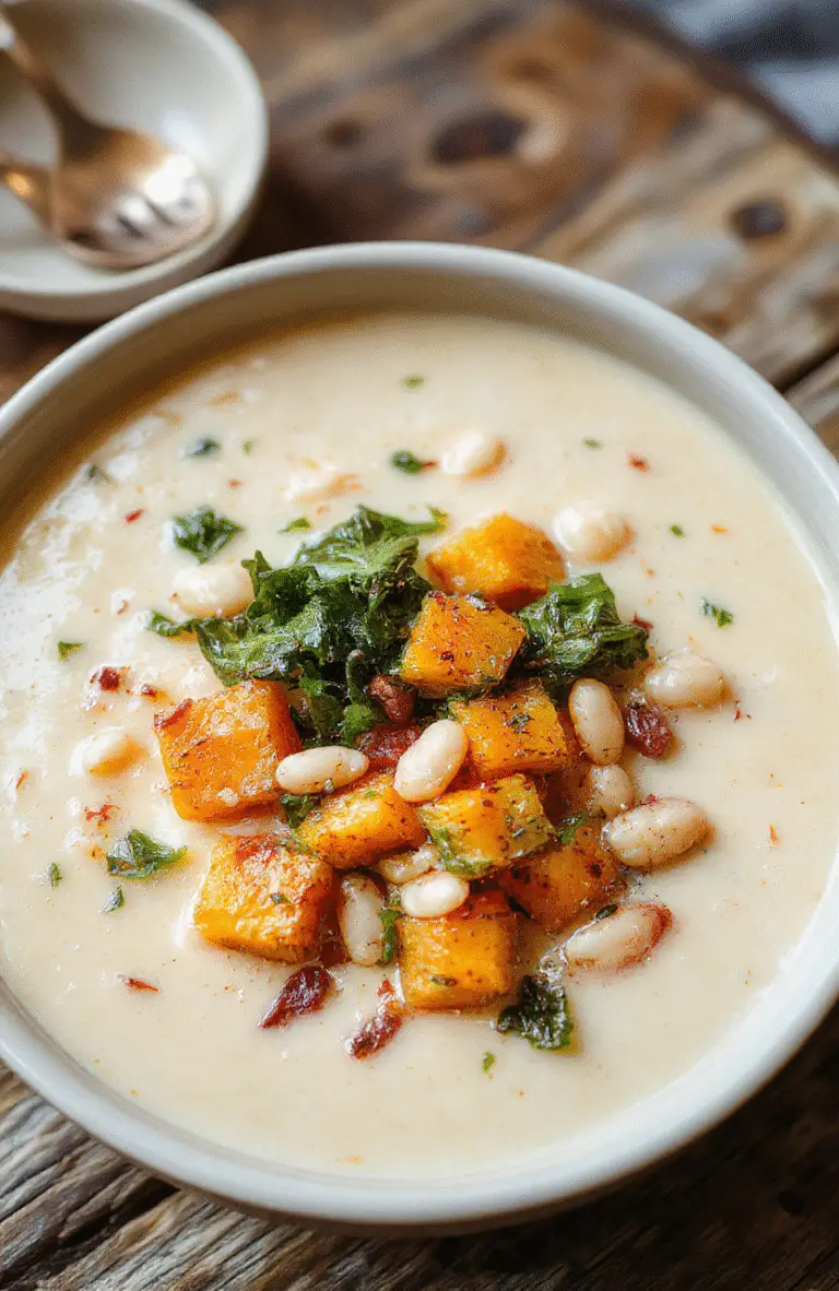 A warm bowl of creamy butternut squash soup topped with fresh kale and white beans, surrounded by rustic fall decorations, styled with a spoon on a wooden surface, vibrant orange and green colors, textured with creamy and chunky elements.