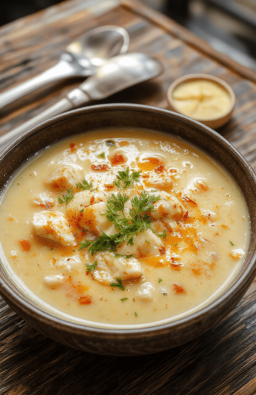 A hearty bowl of creamy cheesy crack chicken soup with shredded chicken, melted cheese on top, garnished with chopped parsley, served in a rustic bowl with a spoon, surrounded by ingredients like cooked chicken, cheese, and herbs on a wooden table.