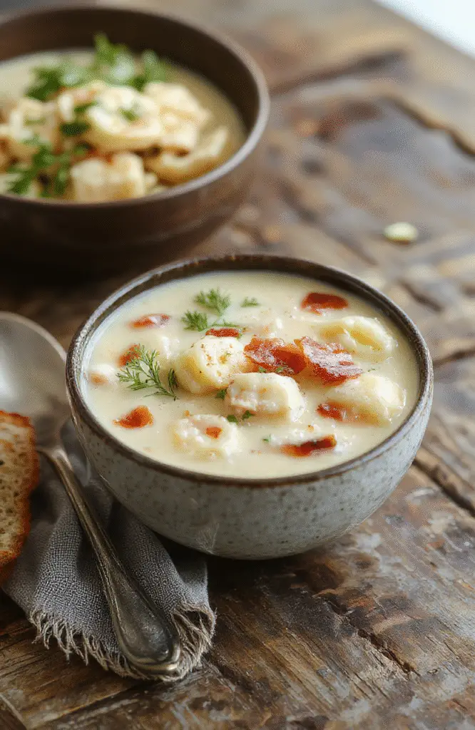 A colorful bowl of creamy chicken gnocchi soup garnished with crispy bacon bits and fresh herbs, with smooth creamy broth, plump gnocchi, and tender chicken pieces, styled on a rustic wooden surface with a warm atmosphere.