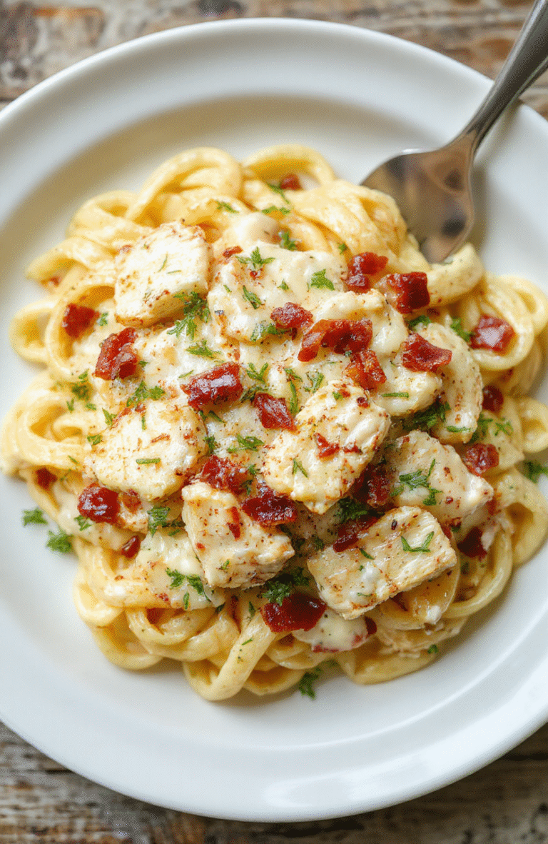Vibrant creamy chicken bacon ranch pasta served on a rustic white plate, garnished with fresh herbs, with crispy bacon bits and melted cheese visible, styled with a fork, against a neutral wooden background, highlighting textures and rich colors.