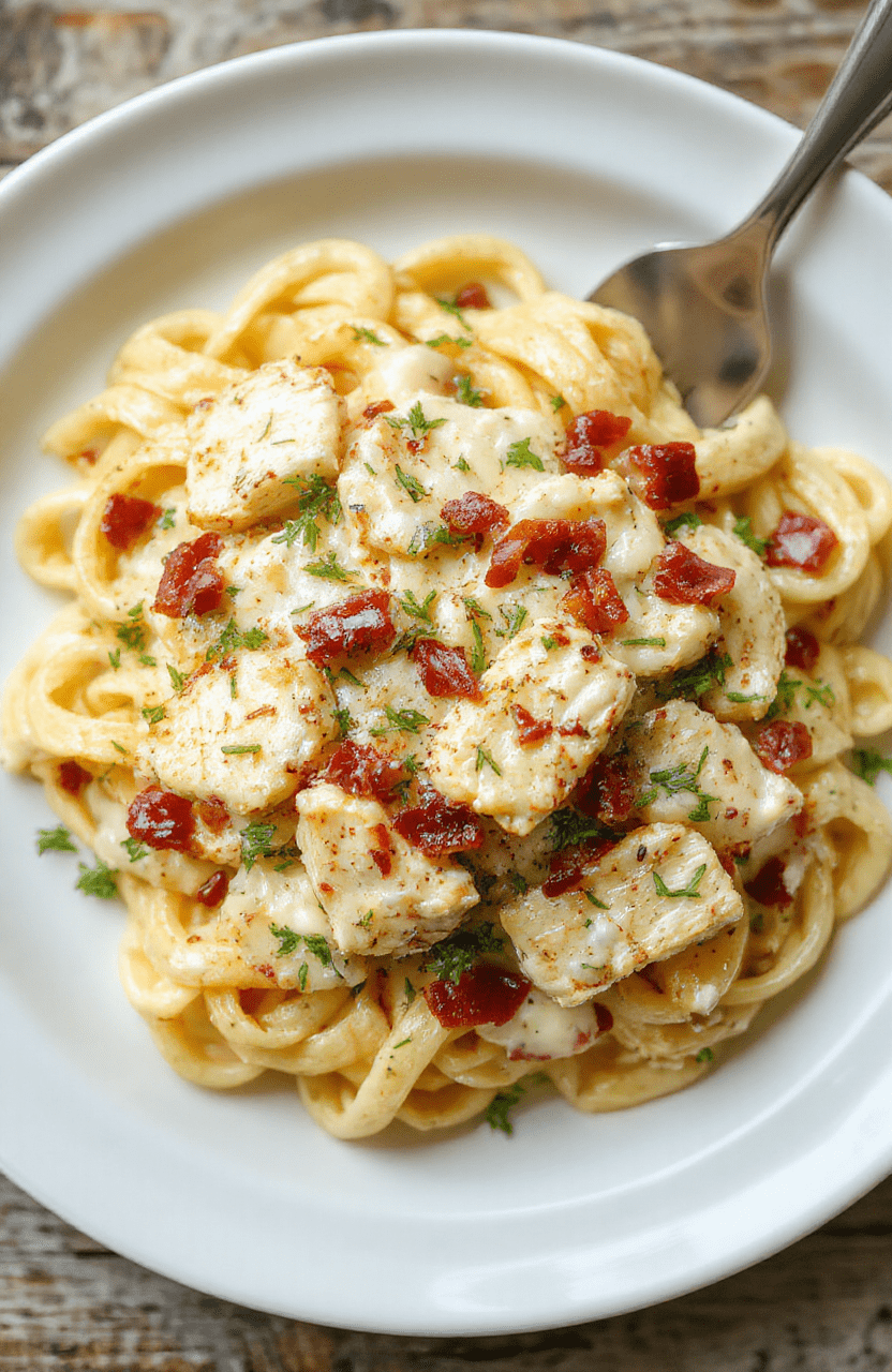 Vibrant creamy chicken bacon ranch pasta served on a rustic white plate, garnished with fresh herbs, with crispy bacon bits and melted cheese visible, styled with a fork, against a neutral wooden background, highlighting textures and rich colors.