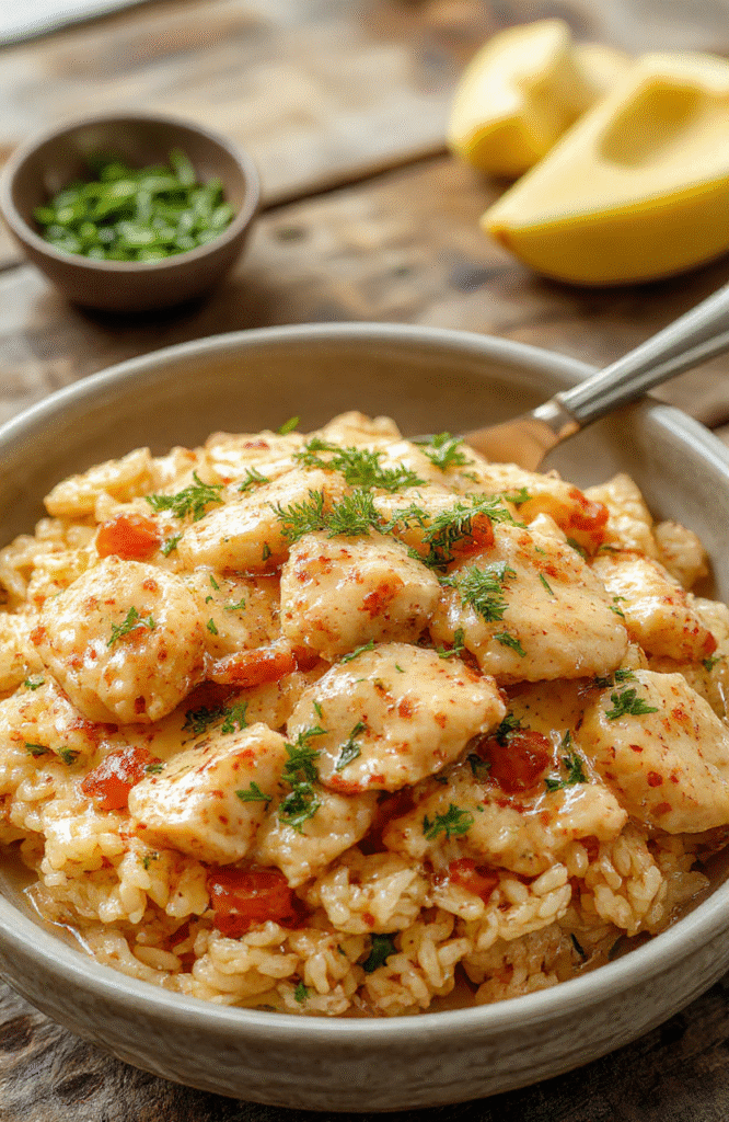 A bowl of creamy chicken and rice on a rustic wooden table, topped with herbs and a drizzle of sauce, surrounded by cooked chicken pieces, fluffy rice, and fresh herbs, with a soft, inviting background.
