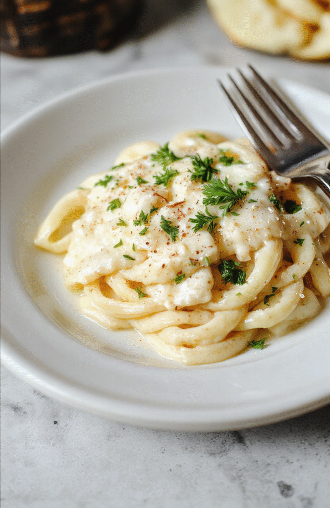 A creamy fettuccine Alfredo dish served on a rustic white plate, topped with freshly grated Parmesan, garnished with chopped parsley, showcasing smooth sauce coating tender pasta strands, styled simply with soft natural lighting