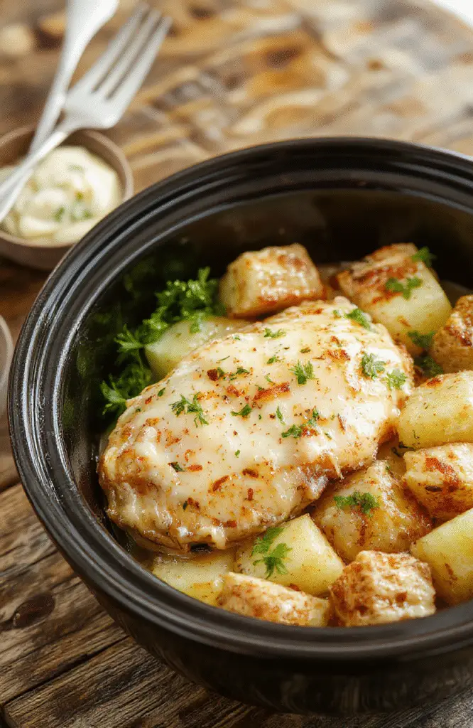 A vibrant plate featuring golden-brown crockpot chicken breasts topped with a rich garlic parmesan sauce, surrounded by roasted potatoes, green herbs, and a garnish of freshly grated parmesan cheese, styled on a rustic wooden table with natural daylight highlighting the textures.