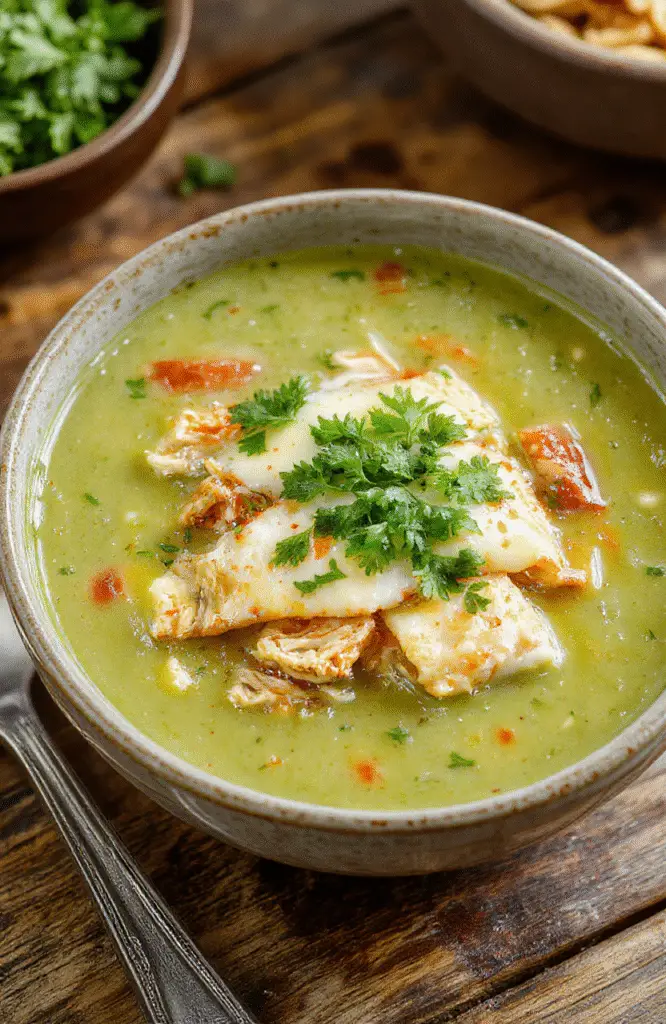 A vibrant bowl of creamy green chicken enchiladas soup with shredded chicken, melted cheese, and fresh cilantro garnish on a rustic wooden table, with a spoon resting beside it, showcasing rich textures and fresh ingredients, styled casually for an inviting, homey feel.