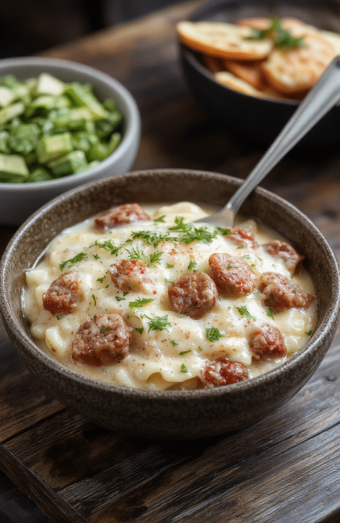 A vibrant plate of creamy Italian sausage orzo featuring golden-brown sausage slices, tender orzo pasta coated in a creamy sauce, garnished with fresh herbs, served on a rustic wooden table with a fork, bright natural lighting accentuating the textures and colors.