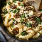A vibrant skillet showcasing creamy parmesan mushroom spinach pasta with tender mushrooms, bright green spinach, and sprinkled parmesan on top, styled simply on a rustic wooden surface.