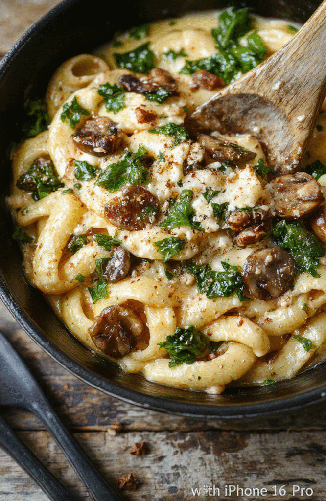 A vibrant skillet showcasing creamy parmesan mushroom spinach pasta with tender mushrooms, bright green spinach, and sprinkled parmesan on top, styled simply on a rustic wooden surface.