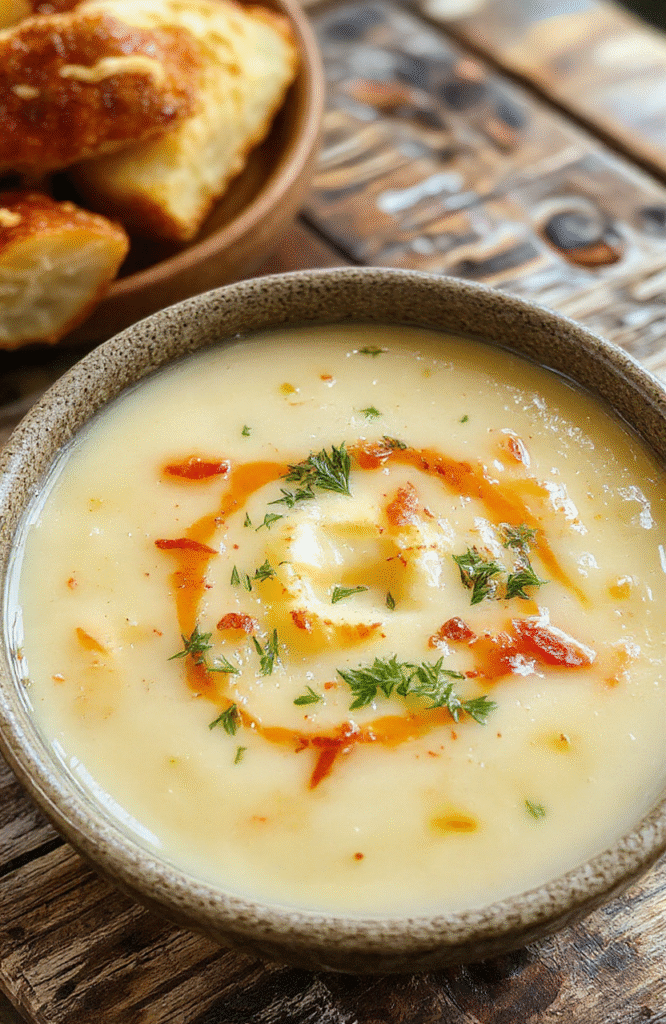 A bowl of creamy potato soup topped with fresh herbs, served with crusty bread on a rustic wooden table, showcasing rich textures and a warm, inviting color palette.