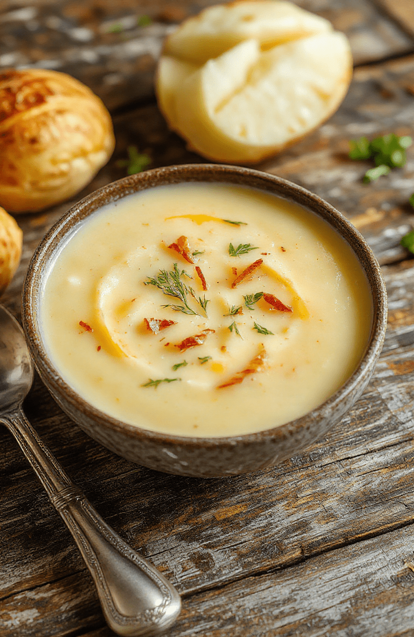 A hearty bowl of creamy potato soup garnished with fresh herbs, surrounded by rustic bread, served in a white bowl on a wooden table, with a spoon partially dipped, creamy and smooth texture visible, warm lighting highlighting the soup's rich color.