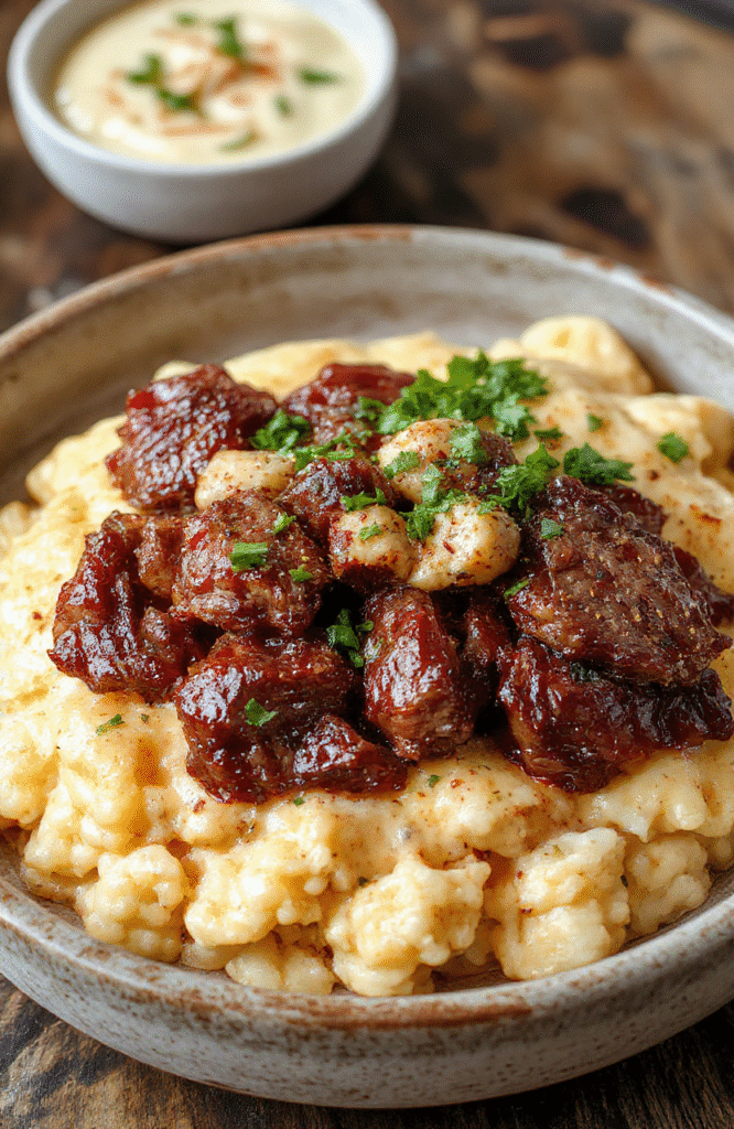 A close-up of a vibrant plate featuring perfectly cooked juicy steak strips atop creamy, cheesy queso rice. The rice is fluffy with melted cheese seeping through, garnished with fresh herbs. The steak is seared to golden perfection with a slight char. The dish is styled on a rustic wooden table with warm lighting highlighting its textures and colors, inviting comfort and indulgence.