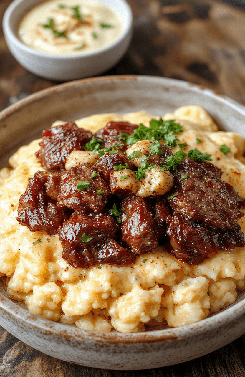 A close-up of a vibrant plate featuring perfectly cooked juicy steak strips atop creamy, cheesy queso rice. The rice is fluffy with melted cheese seeping through, garnished with fresh herbs. The steak is seared to golden perfection with a slight char. The dish is styled on a rustic wooden table with warm lighting highlighting its textures and colors, inviting comfort and indulgence.