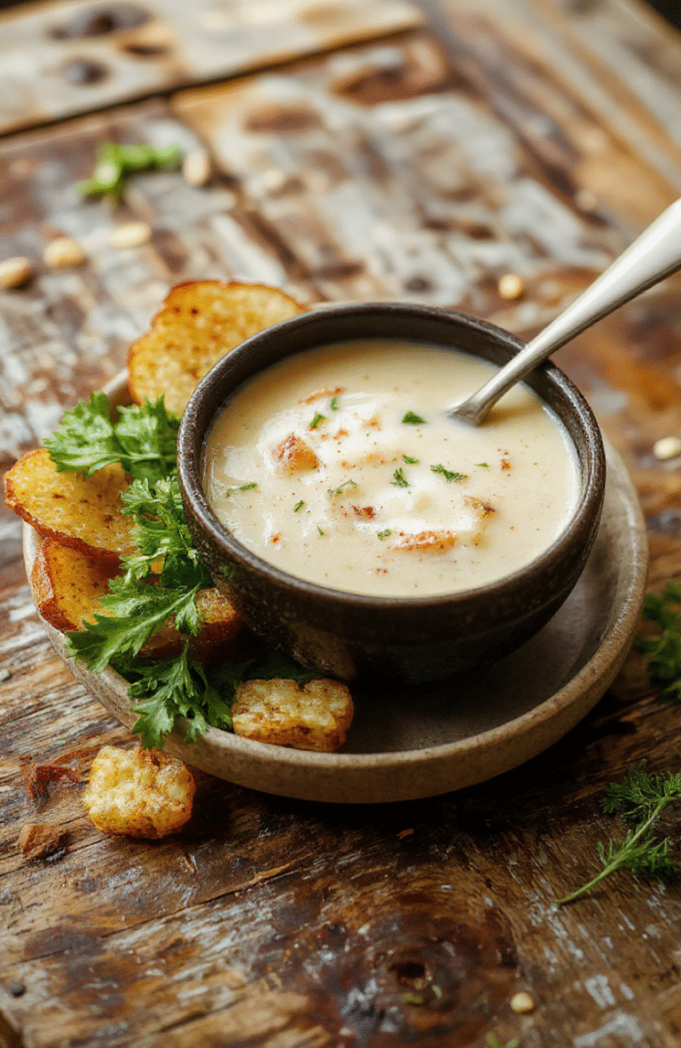 A rustic bowl of creamy roasted garlic potato soup topped with chopped fresh herbs and drizzled with olive oil, served on a wooden surface with a spoon, showcasing a smooth, velvety texture and golden roasted garlic pieces, styled with a cozy, inviting atmosphere.