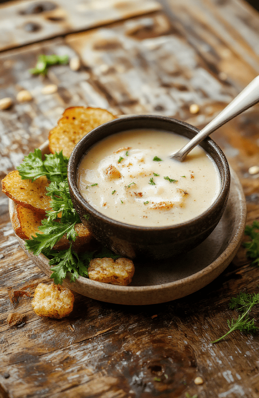 A rustic bowl of creamy roasted garlic potato soup topped with chopped fresh herbs and drizzled with olive oil, served on a wooden surface with a spoon, showcasing a smooth, velvety texture and golden roasted garlic pieces, styled with a cozy, inviting atmosphere.