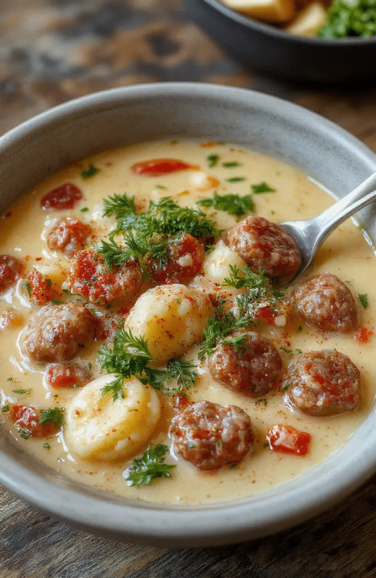 A warm, inviting bowl of creamy sausage and tortellini soup garnished with chopped parsley and shredded cheese. The soup features plump tortellini, slices of sausage, and a rich, creamy broth, set on a rustic wooden table with a spoon and a slice of crusty bread in the background. Bright lighting highlights the textures and vibrant colors of the ingredients.
