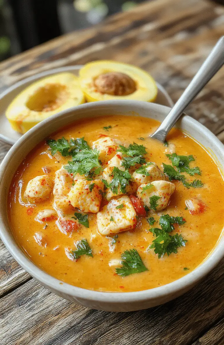 A vibrant bowl of Thai red curry noodle soup featuring red curry broth, colorful vegetables, tender noodles, topped with fresh herbs, and presented in a rustic white bowl on a wooden surface.