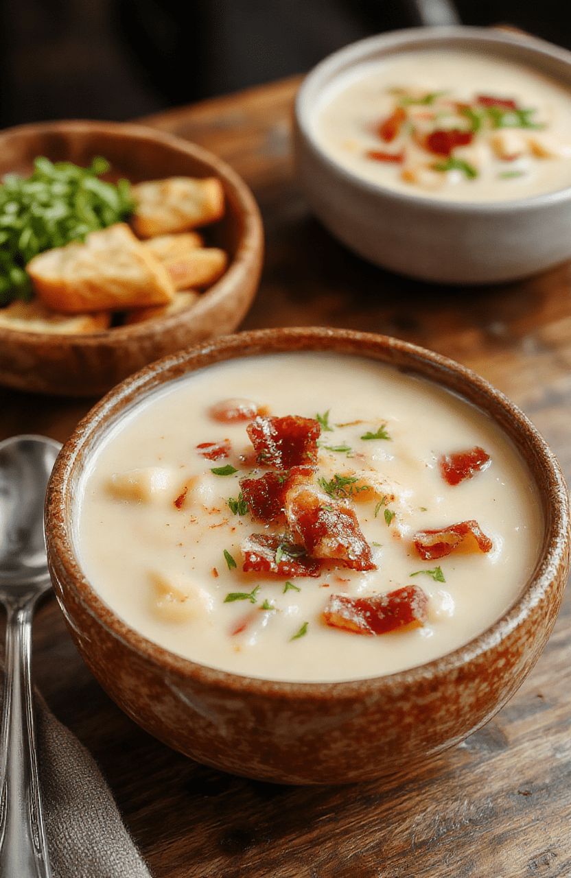 A bowl of creamy white bean soup topped with crispy bacon pieces, garnished with fresh herbs, served on a rustic wooden platter with a side of crusty bread, vibrant colors, rich textures, inviting presentation.