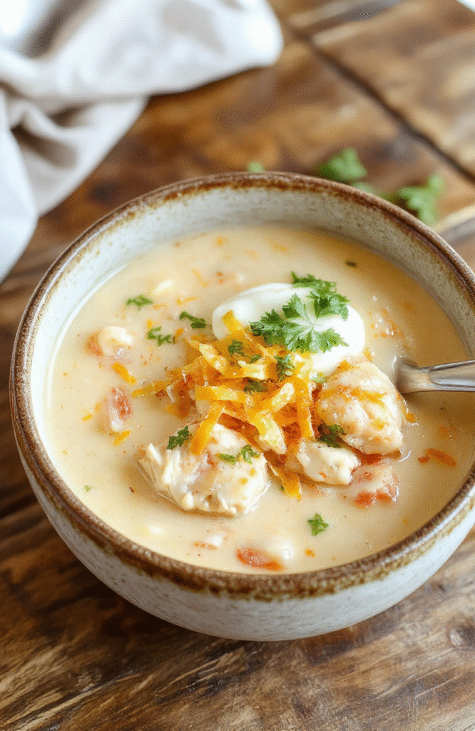 A steaming bowl of creamy white chicken chili topped with shredded cheese, chopped cilantro, and a dollop of sour cream, served in a rustic white bowl on a wooden table with a spoon beside it, vibrant colors of chili contrasting with fresh garnishes, inviting and cozy presentation.