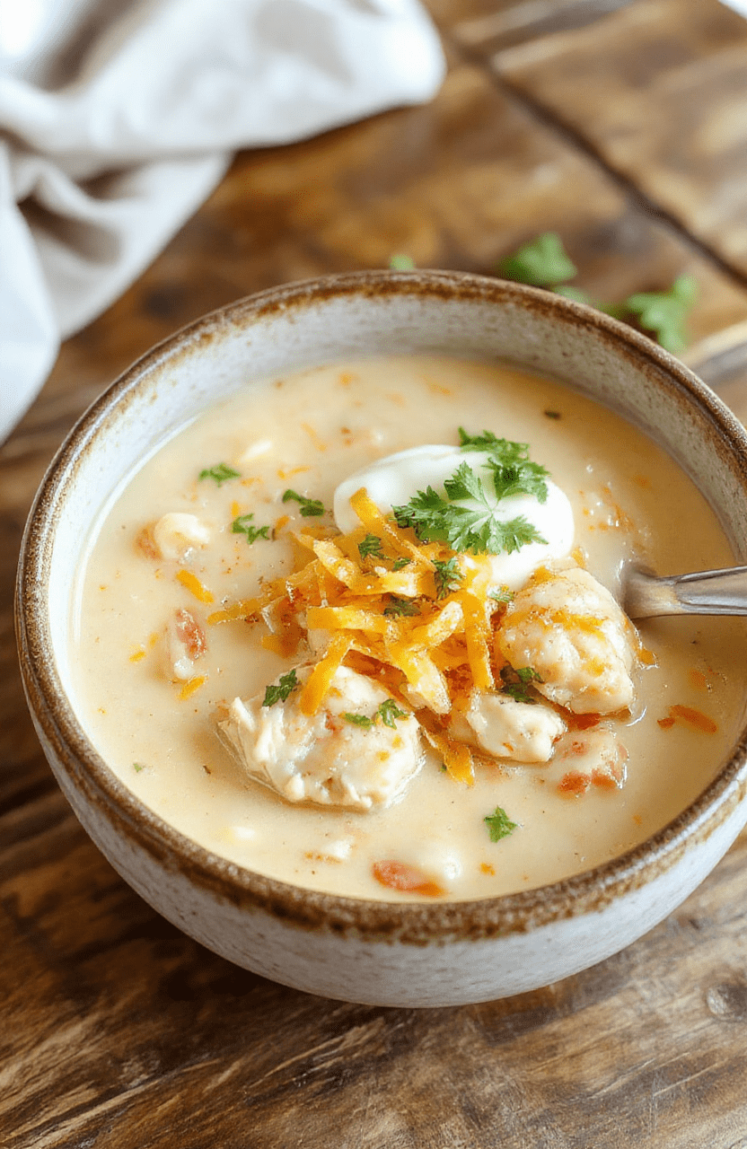 A steaming bowl of creamy white chicken chili topped with shredded cheese, chopped cilantro, and a dollop of sour cream, served in a rustic white bowl on a wooden table with a spoon beside it, vibrant colors of chili contrasting with fresh garnishes, inviting and cozy presentation.