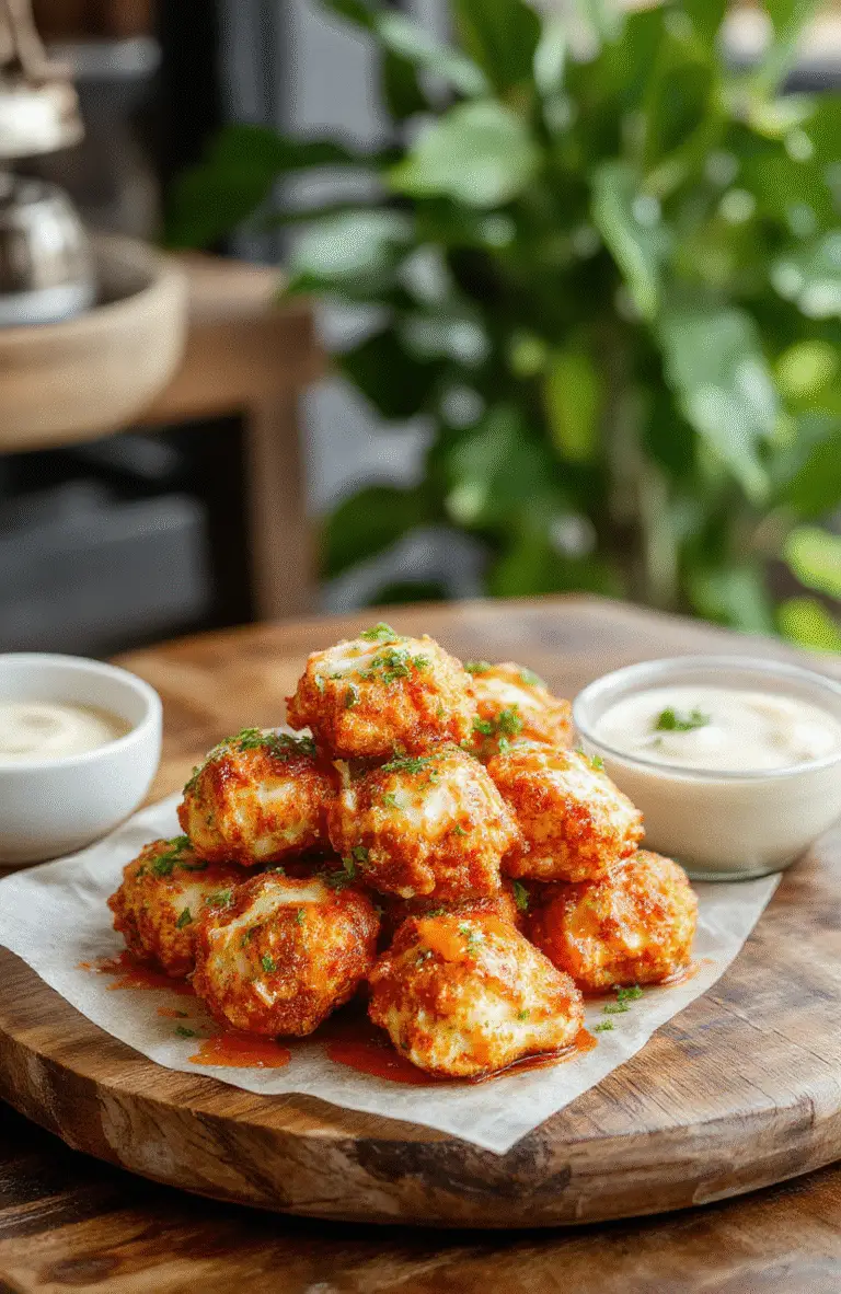 Golden crispy buffalo cauliflower bites arranged on a white plate, drizzled with spicy buffalo sauce, garnished with chopped green onions, with a side of creamy dip, styled casually on a rustic wooden table.