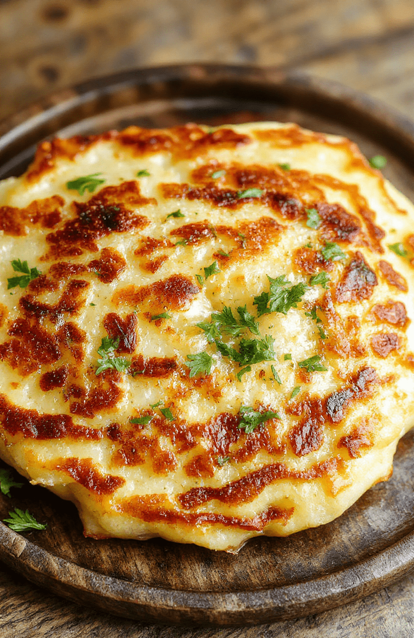 Golden crispy German potato pancakes stacked on a rustic wooden plate, garnished with fresh herbs, crispy edges, shredded potatoes visible, inviting and appetizing.