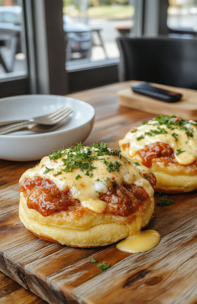 Colorful puff pastry topped with golden-brown cheese and ham, drizzled with creamy béchamel sauce, plated elegantly on a rustic wooden surface, styled with fresh herbs, textures of flaky pastry and melted cheese visible, styled for an inviting brunch presentation.